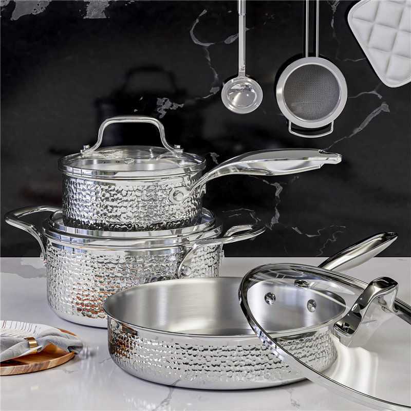 EK001 6 Pieces Hammered Stainless Steel Pots and Pans Cookware Set