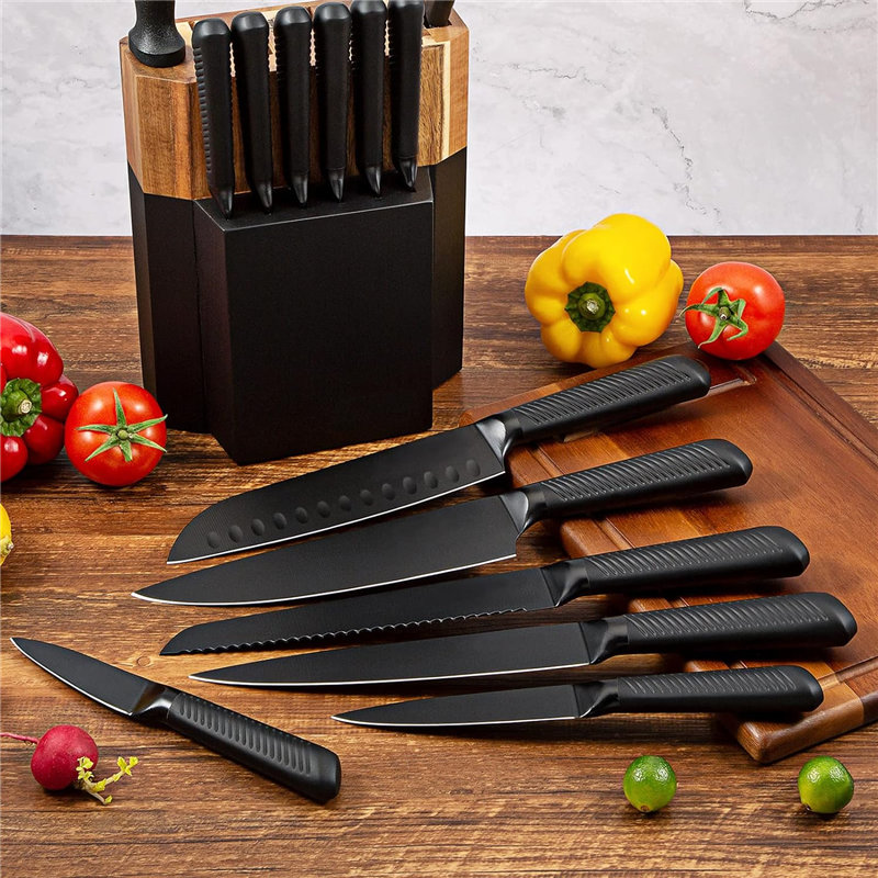 KK1024 15 Pieces Black Kitchen Knife Set with Wooden Block